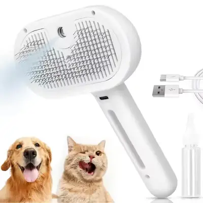 Steam Brush for Cats and Dogs - 3 in 1 Pet Grooming Tool with Release Button, Spray Mist, and Hair Removal