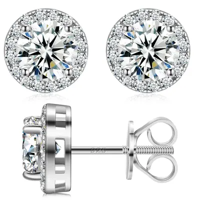 [D1 E103 ] S925 Halo VVS Round Cut Synthetic Moissanite Stud Earrings Screw Back Halo Synthetic Moissanite Earrings Jewelry P...