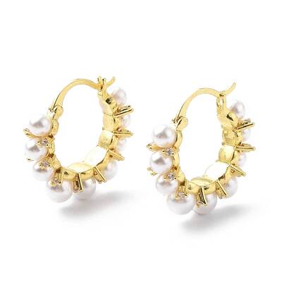 Clear Cubic Zirconia Hoop Earrings with ABS Plastic Pearl Beaded
