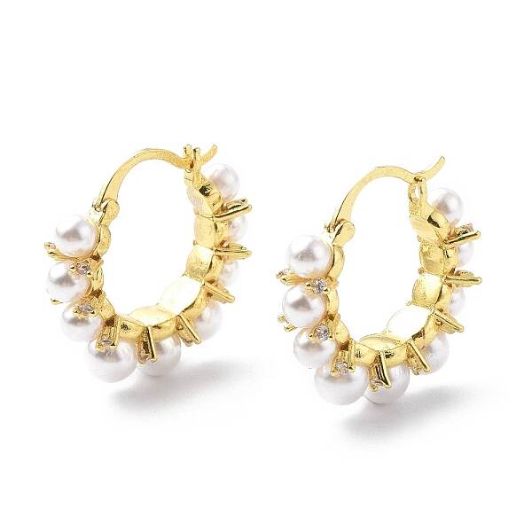Clear Cubic Zirconia Hoop Earrings with ABS Plastic Pearl Beaded