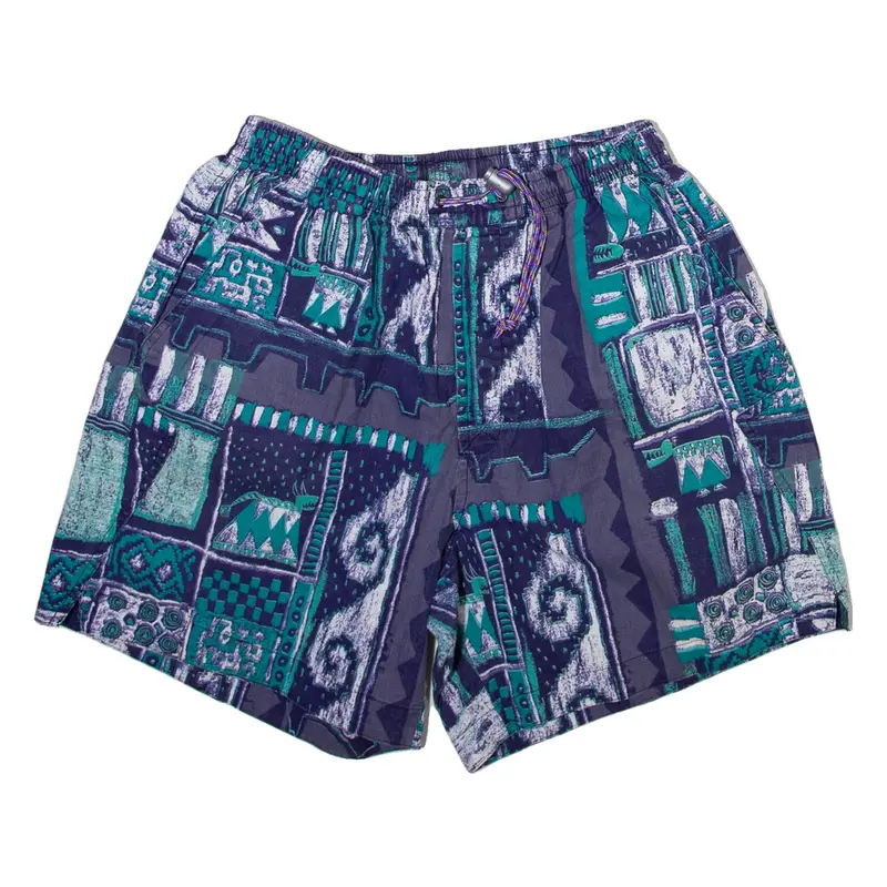 GREAT ESCAPES Mens Casual Shorts Blue Relaxed 90s Crazy Pattern M W26