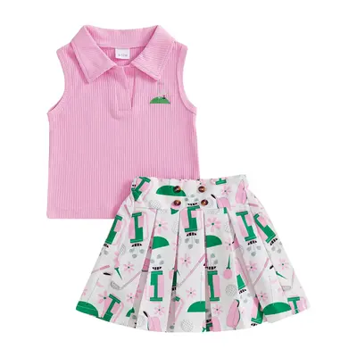 Kids Toddler Baby Girl Golf Outfit Golf Print Polo Shirt Sleeveless Tank Top Pleated A-Line Mini Skirt Set Cute Girls Summer ...