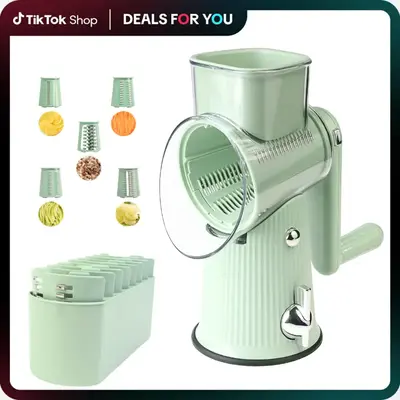 【Clearance】Rotary Cheese Grater with Handle,5 in 1 Manual Vegetable Chopper with Replaceable Blades,Strong Suction Cup Ba...