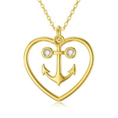 14K Gold Cubic Zirconia Anchor & Heart Pendant Necklace