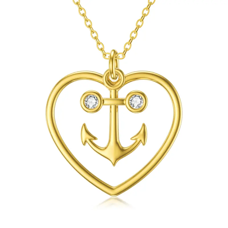 14K Gold Cubic Zirconia Anchor & Heart Pendant Necklace