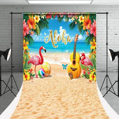 Aloha Sandy Beach Flamingo Floral Summer Backdrop - Aperturee