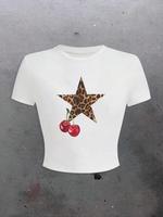 Women's Cartoon Cherry & Star Print Crop Tee, Casual Short Sleeve Round Neck T-shirt for Summer, Fashion Women's Top for Dail...