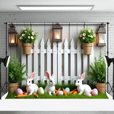 Aperturee Spring Potted Plant Bunny Eggs Easter Photo Backdrop, 3X2FT(1MX0.6M), 14 USD, easter backdrops, NYHD5I95-M