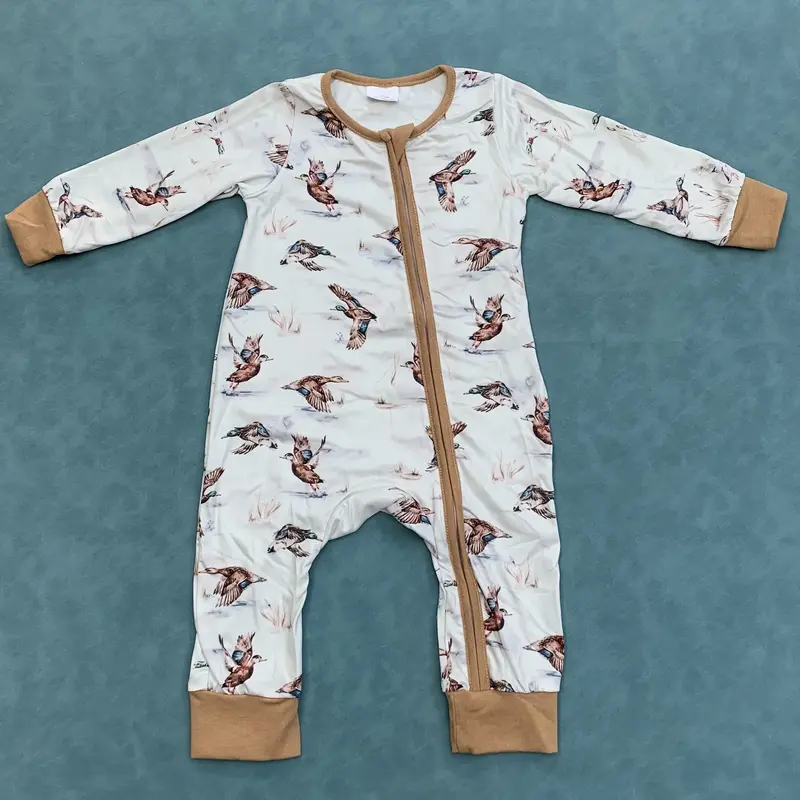 Newborn Baby Boy Long Sleeve Duck Print One Piece Zip Romper
