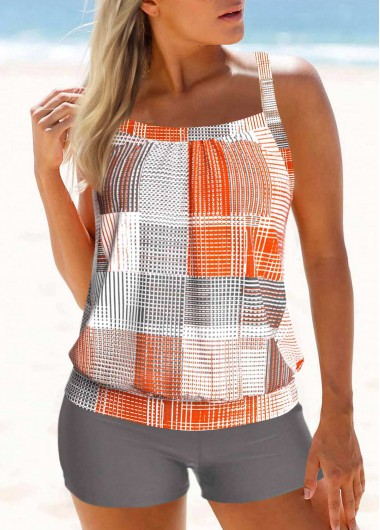 Modlily Criss Cross Mid Waisted Geometric Print Orange Tankini Set - XXL