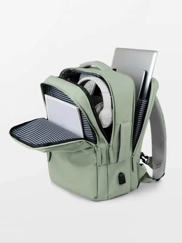 Women's Fashionable Solid Color Backpack, Large Capacity Multi-compartment Backpack with Usb Port, Casual Commuting Bag for D...