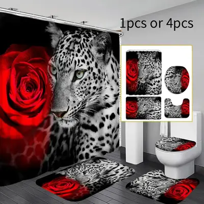 Leopard Print & Rose Pattern Bathroom Curtain and Toilet Mats Set, Anti-slip Bathroom Decor Curtain with Hooks, Shower Curtai...