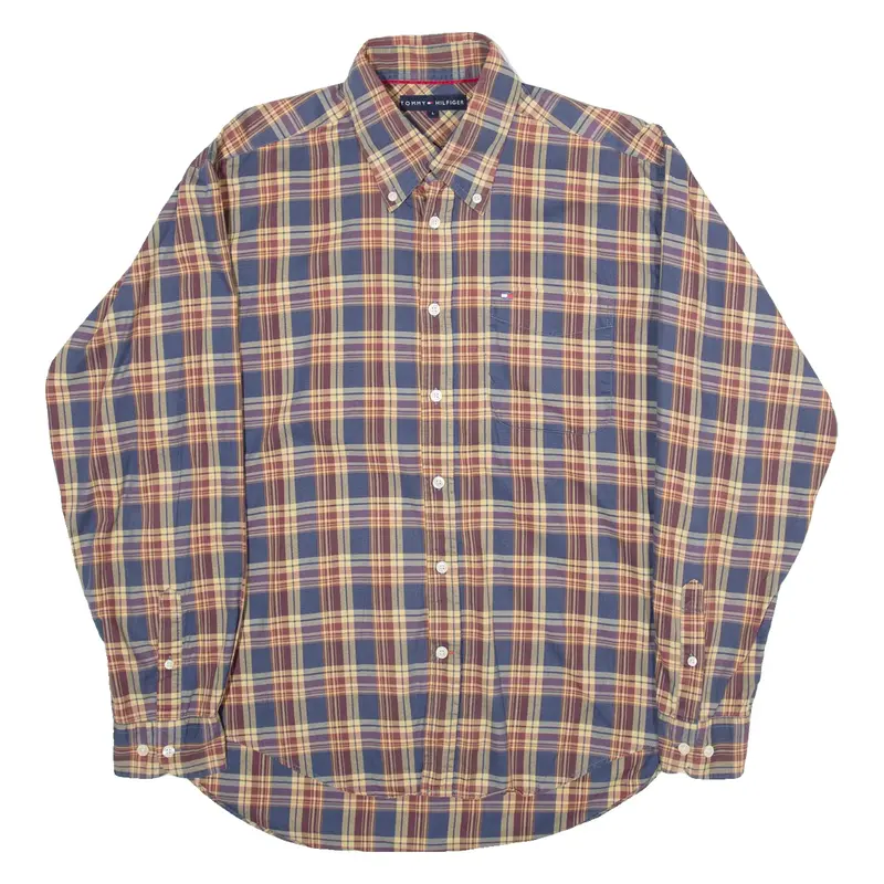 TOMMY HILFIGER Mens Shirt Brown Check Long Sleeve L