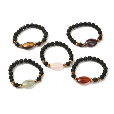 Natural Lava Rock & Oval Mixed Stone Beads Stretch Bracelet
