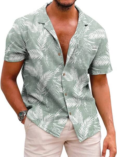 Hawaiian Floral Beach Shirts (US Only), Green-Palm Leaf / M