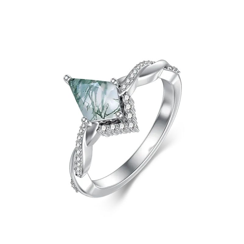 Sterling Silver Moss Agate Personalized Engraving & Couple Engagement Ring