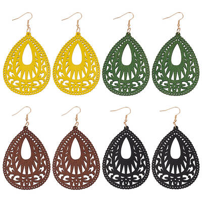 4 Pairs 4Colors Wood Dangle Earrings for Women