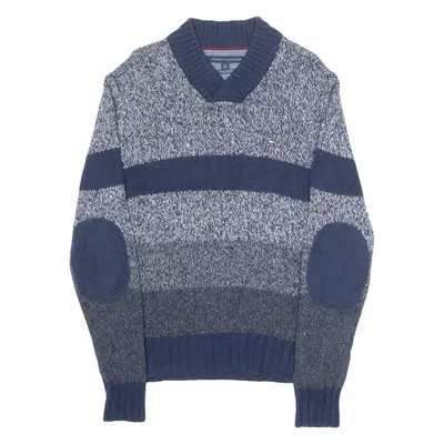 TOMMY HILFIGER Mens Patterned Jumper Blue Striped V-Neck Chunky Knit S