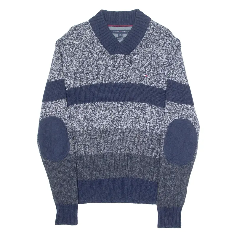 TOMMY HILFIGER Mens Patterned Jumper Blue Striped V-Neck Chunky Knit S