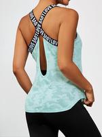 Sporty Women's Camo Print Letter Tape Sports Vest, Sport Criss Cross Cut Out Tank Top, Gym Clothes, Ladies Sportswear for Sum...