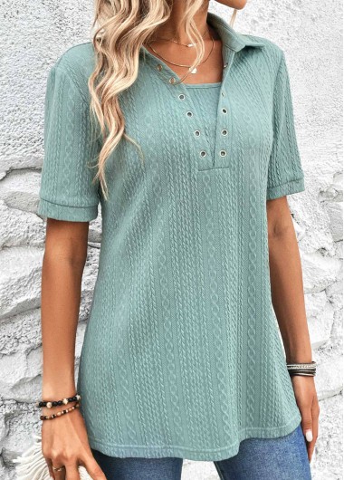 Modlily Mint Green Eyelet Short Sleeve Shirt Collar Blouse - S