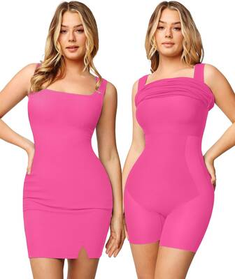 Popilush 8-in-1 Shapewear Square Neck Mini Dress Wide Straps Built-In Bra Thigh Slit Tummy Control Going Out Breathable