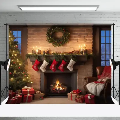 Aperturee Warm Room Fireplace Tree Sock Christmas Backdrop - Aperturee