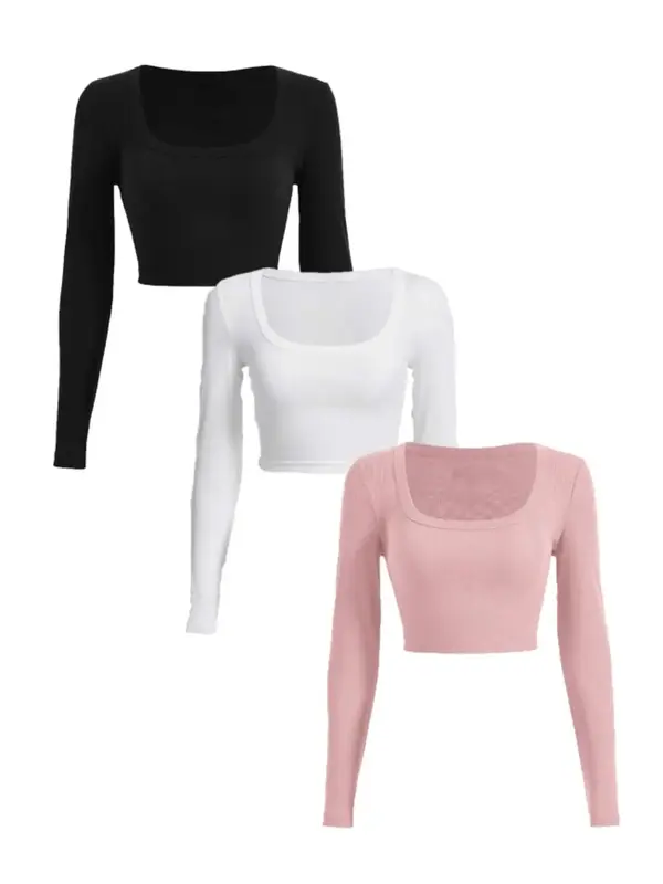 Women's Plain Square Neck Crop Tee, Casual Ribbed Long Sleeve T-Shirt for Spring & Fall, Women's Clothing for Daily Wear