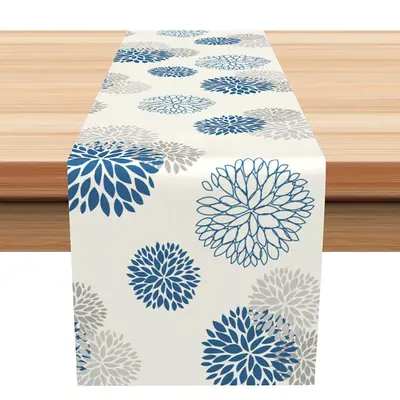 Grey Blue Floral Beige Simple Morden Table Runner - Aperturee