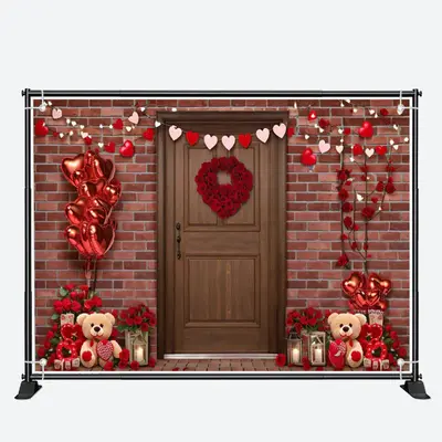 Teddy Bear Red Balloons Door Valentines Day Backdrop - Aperturee