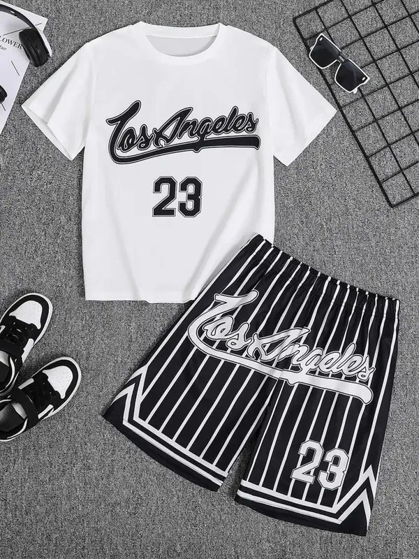 Two-Piece Set Toddler Boy's Letter Print Short Sleeve Tee & Striped Print Shorts, Casual Round Neck T-shirt & Shorts for Summ...