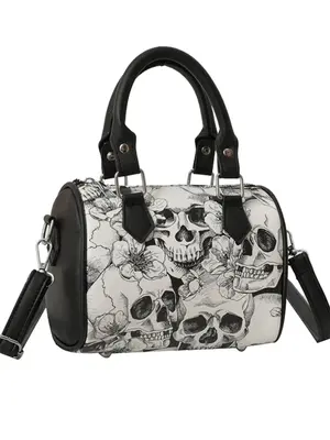 Women's Fashionable Skull Print Boston Bag As Gift, Novelty Colorful Handbag & Crossbody Bag, Versatile Handbag for Daily Use