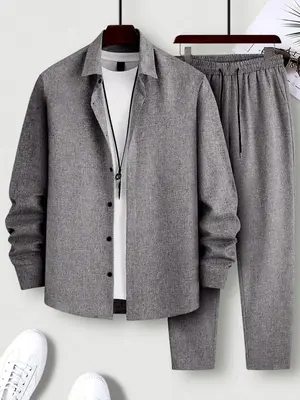 Men's Button Front Drawstring Waist Two-piece Set, Regular Fit Casual Long Sleeve Top & Pocket Trousers Co-ord Set, Going Out...