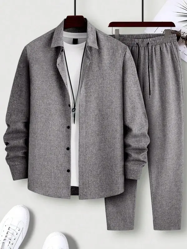 Men's Button Front Drawstring Waist Two-piece Set, Regular Fit Casual Long Sleeve Top & Pocket Trousers Co-ord Set, Going Out...