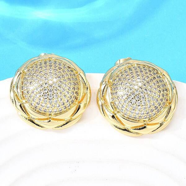 Brass Clear Cubic Zirconia Flat Round Stud Earrings