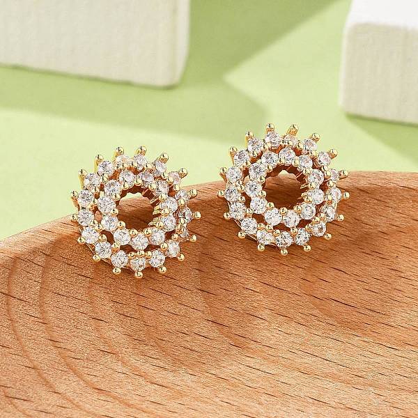 Flower Brass Micro Pave Clear Cubic Zirconia Stud Earrings for Women