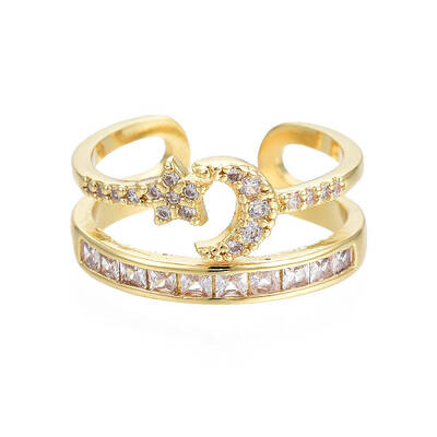Cubic Zirconia Moon and Star Open Cuff Ring