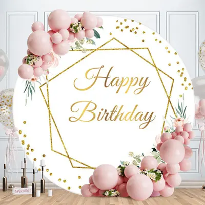 Aperturee Pink Floral And Gold Happy Birthday Round Backdrop | Round Birthday Backdrop Cover | Birthday Backdrop Ideas | Roun...