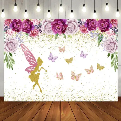 Floral Faery Butterflies Glitter Birthday Backdrop - Aperturee