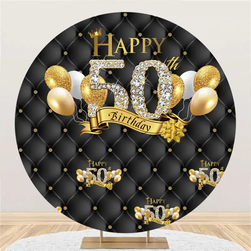 Aperturee Gold Balloons Black Happy 50Th Birthday Round Backdrop | Happy Birthday Backdrop | Diy Birthday Backdrop | Simple B...