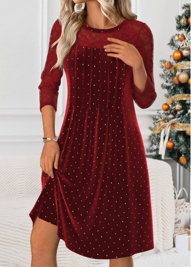 Modlily Wine Red Tummy Coverage Polka Dot Long Sleeve Dress - XXL
