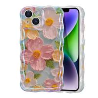 Case for iPhone 15 14 13 Pro Max Plus, Colorful Retro Oil Painting Printed Flower Laser Glossy Pattern Cute Curly Waves Edge ...