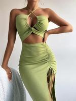 Women's Plain Criss Cross Backless Split Thigh Halter Neck Adjustable Drawstring Bodycon Dress, Solid Chic Sleeveless Cut Out...