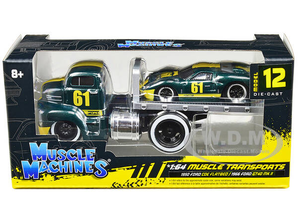 1950 Ford COE Flatbed Truck 61 and 1966 Ford GT40 MK II 61 Green Metallic with Yellow Stripes \