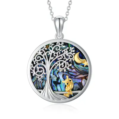 Sterling Silver Two-tone Circular Shaped Abalone Shellfish Owl & Tree Of Life Pendant Necklace