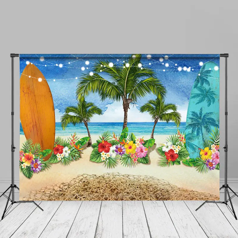 Surf Board Floral Beach Hawaii Sand Summer Backdrop - Aperturee