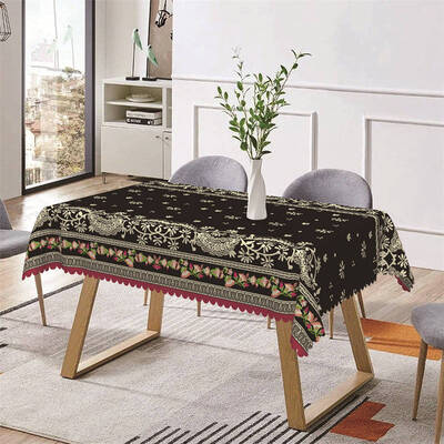 Floral Beige Patterns Dot Black Rectangle Tablecloth - Aperturee