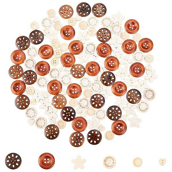PH  120pcs 6 Styles Wooden Buttons Hollow Flower Flat Round Sewing Handmade Button for Crafts Supplies