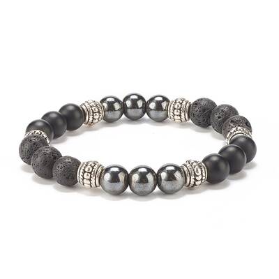 Natural Lava Rock & Synthetic Black Stone & Hematite Stretch Bracelet