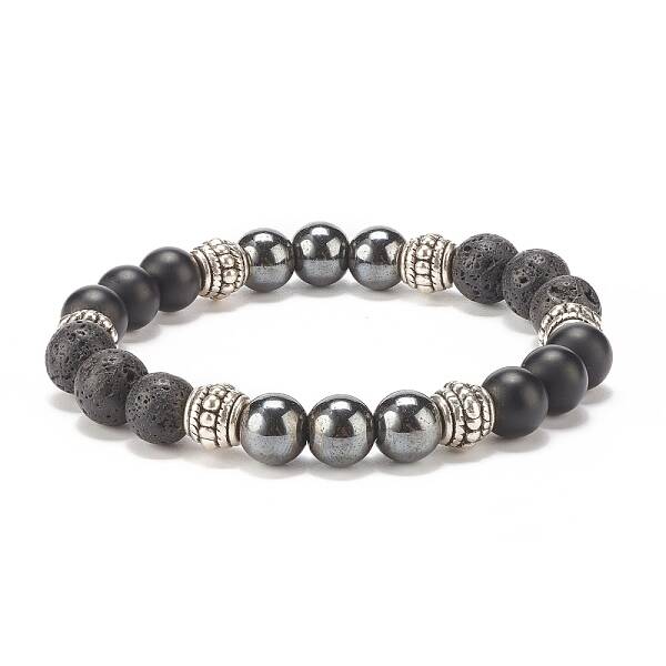 Natural Lava Rock & Synthetic Black Stone & Hematite Stretch Bracelet